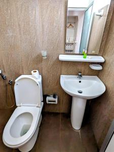 a bathroom with a toilet and a sink and a mirror at Lavish Lodge, Tangalle, Sri Lanka in Tangalle