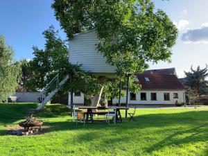 ein Haus mit einem Picknicktisch im Hof in der Unterkunft Chalet Sch l afbock 