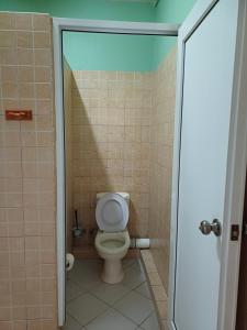 een badkamer met een toilet in een betegelde kamer bij Le Palmier in Trou aux Biches