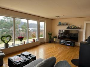 a living room with a couch and a television at House close to Ålesund center in Ålesund