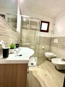 a bathroom with a sink and a shower and a toilet at Casa Moderna in Olbia