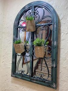 a iron gate with threeotted plants on it at Hotel Ciudad de Vitoria in Santiago