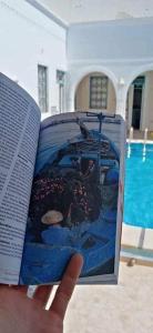 a hand holding a book in front of a pool at Dar Rita in Houmt Souk