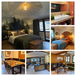 a collage of four pictures of a hotel room at La tanière in La Broque