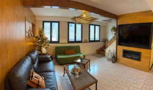 a living room with a couch and a tv at La tanière in La Broque