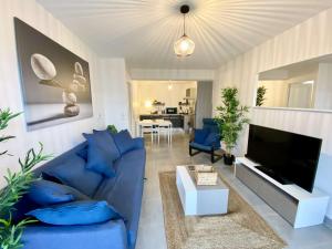 a living room with a blue couch and a tv at CAPTAL beau 2 pièces cœur de ville parking terrasse in La Teste-de-Buch
