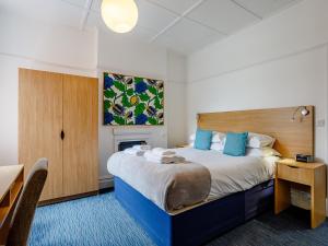 um quarto com uma cama grande e almofadas azuis em 1 Bed in Bude 78610 em Bude