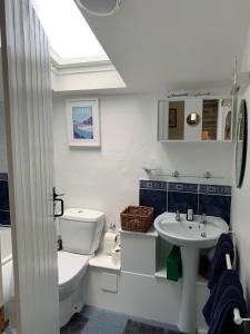 a white bathroom with a toilet and a sink at Horseshoe Cottage in Looe +46 photos