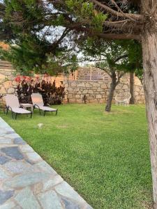a park with chairs and a tree in the grass at Seafront Villa Blue Agave in Magnisía