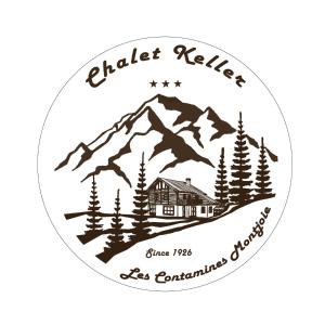 una etiqueta con una montaña y una cabina en el primer plano en Chalet Keller, en Les Contamines-Montjoie