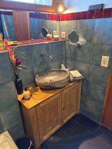 a bathroom with a large stone sink on a wooden counter at Drop In mountain chalet 