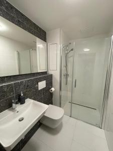 a bathroom with a shower and a toilet and a sink at Garden apartment Brno center in Brno