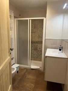 een badkamer met een douche, een wastafel en een toilet bij L'Antico Borgo in Zanica