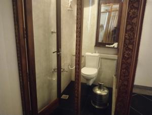a bathroom with a toilet and a shower with a mirror at Rebel de Pondiche'ry in Pondicherry