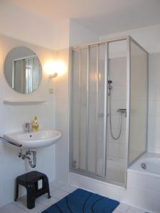 a bathroom with a shower and a sink at Ferienhaus SONNE HORS100 in Wiarden