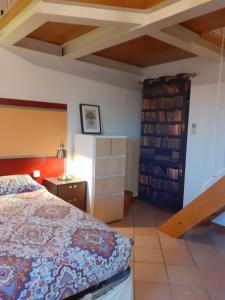 1 dormitorio con cama y estante para libros en Agriturismo Podere Zollaio, en Vinci