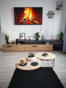 a living room with a fire on the wall at Apartman Luxe Victoria in Zagreb