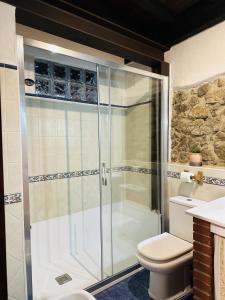 een badkamer met een douche en een toilet bij Casa Conce Zona de playa y montaña in Llanes