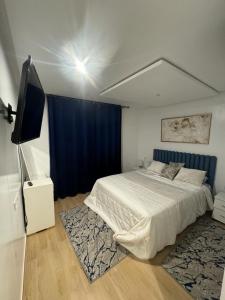 sypialnia z dużym łóżkiem i niebieską zasłoną w obiekcie Coralia Bel F3 clim wifi parking privé Iptv w mieście Wadżda
