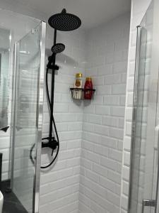 uma casa de banho com um chuveiro e uma cabina de duche em vidro. em Donosti House Hiru con Parking ESS03051 em San Sebastián
