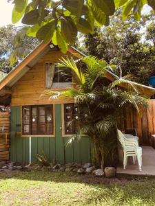 una casa verde con una palma di fronte di Chalé Verde - Pousada Sul da Ilha a Ilha do Mel