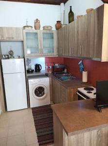 a kitchen with a white refrigerator and a washing machine at Σπίτι στην παραδοσιακή πλατεία. in Kámpos