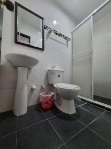 La salle de bains est pourvue d'un lavabo, de toilettes et d'une douche. dans l'établissement Hotel Mayte, à Fonseca