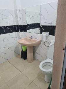 La salle de bains est pourvue d'un lavabo et de toilettes. dans l'établissement Auberge Mandar itto A station de service ZIZ, à Aït nʼTaleb Akka