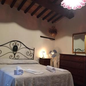 a bedroom with a bed and a dresser and a mirror at Villa Fonte all'Oppio con area piscina recintata in Pienza