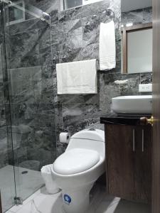 a bathroom with a toilet and a sink and a shower at Hotel + Arte in Quito