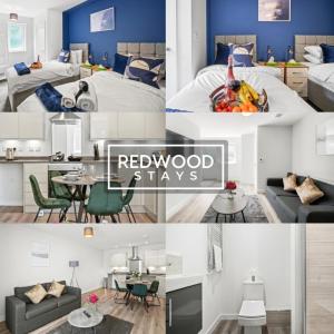un collage de fotos de un dormitorio y una habitación de hotel en Quality 1 Bed 1 Bath Apartments For Contractors By REDWOOD STAYS, en Farnborough
