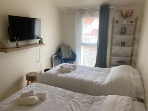 een slaapkamer met 2 bedden, een tv en een raam bij Le Cocon - Petit déjeuner, Netflix, Jacuzzi* in Carrières-sous-Poissy