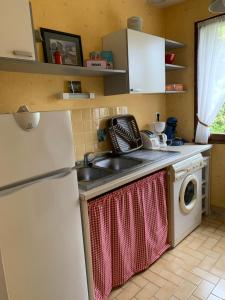 eine Küche mit einer Spüle und einer Waschmaschine in der Unterkunft Gîte chez Emy et Seb in Privas