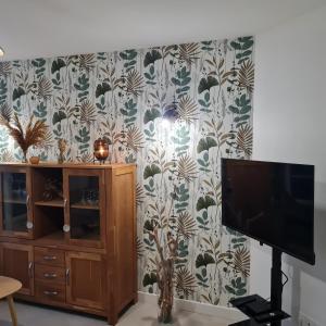 uma sala de estar com televisão e papel de parede floral em Au rayon du soleil em Roye