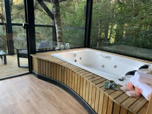 a bath tub in a room with a large window at Floresta Secreta- Pousada Cachoeira da Neve in Urubici