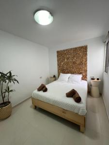 a bedroom with a bed and a potted plant at Playa del Hombre Deluxe Luxury Apartments in Playa del Hombre