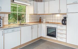 una cucina con armadi bianchi, lavandino e finestra di Gorgeous Home In Haderslev With Kitchen a Kelstrup Strand