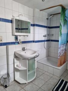 y baño blanco con lavabo y ducha. en Fewo-O3-4-6-Personen-23km-bis-Frankfurt-Nord en Ober-Mörlen