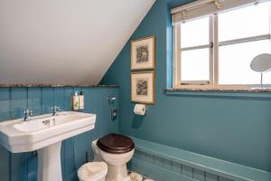 bagno blu con servizi igienici e lavandino di The Anchor Inn a Lower Froyle