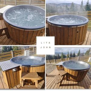 a collage of four pictures of a hot tub at Solna Chata-dom na wyłączność Grota solna, balia, sauna, basen in Rajcza