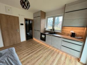 Zimmer mit einer Küche und Holzböden in der Unterkunft Apartmány u pláže Lipna - Malé Lipno in Černá v Pošumaví