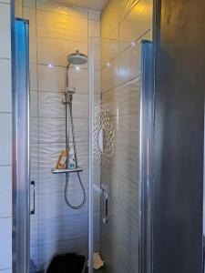 布爾日的住宿－Chambre bleue avec accès plage，带淋浴的浴室和玻璃门