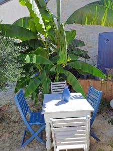 een witte tafel en twee blauwe stoelen en een plant bij Chambre bleue avec accès plage in Bourges
