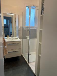 een badkamer met een douche en een wastafel bij Le 30 Rennais - T4 en plein centre ville in Rennes
