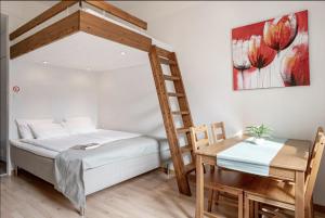 a bedroom with a bunk bed and a desk at Citykoti Downtown Studios in Helsinki