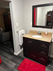 baño con lavabo y espejo grande en Red door retreat guesthouse en Thorold