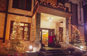 Hincesti Hotel في Hînceşti: مبنى عليه اشجار عيد الميلاد واضاءه