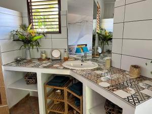 a bathroom with a sink and a counter top at Bungalow vue mer avec jardin in Sainte-Luce