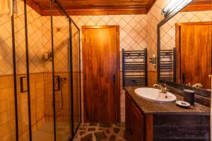 a bathroom with a sink and a glass shower at Casa da Vila - Manteigas in Manteigas