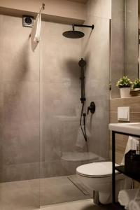 a bathroom with a shower and a toilet and a sink at GAVAS Modern Central Apartments in Cluj-Napoca